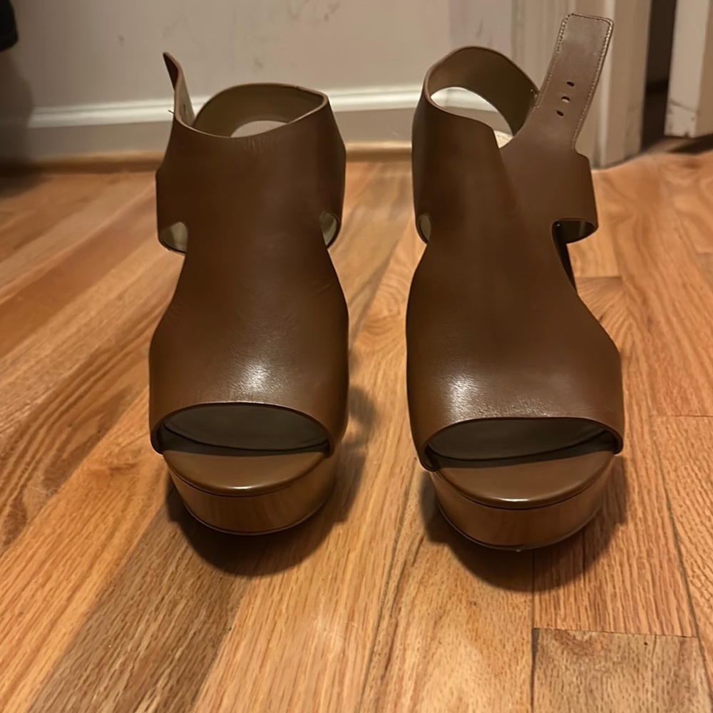 Michael Kors Luggage Leather Wedge Sandals